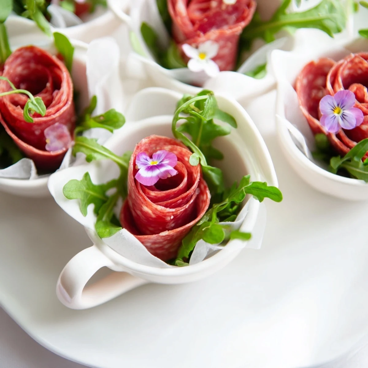 Showcasing the Victorian Tea Rose: savory salami and pepperoni roses elegantly presented in teacups, a delightful appetizer.