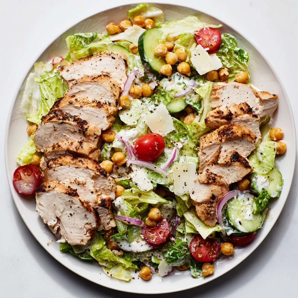 A close-up of a flavorful Chicken Caesar Pasta-less Bowl, showcasing grilled chicken and fresh romaine lettuce.
