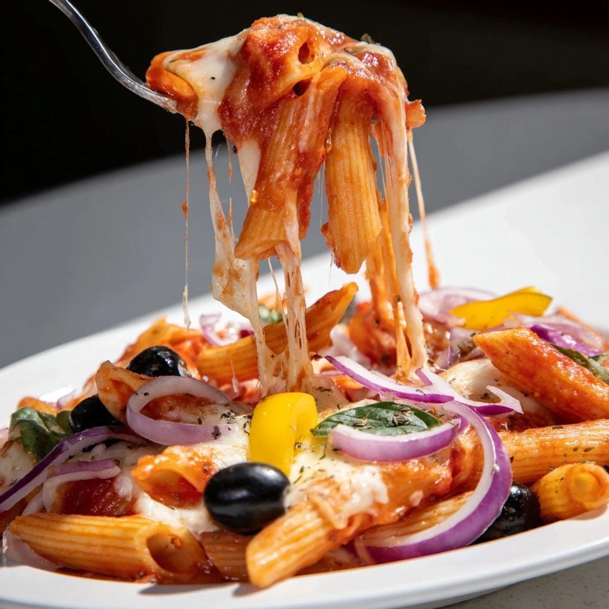 A warm bowl of One-Pot Pizza Pasta Express, loaded with colorful veggies and creamy cheese.
