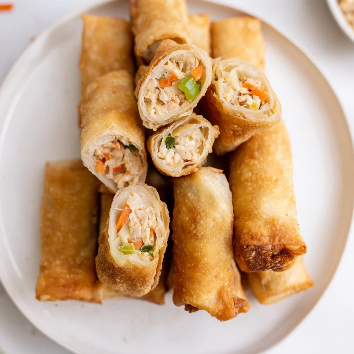 Golden, crispy Air Fryer Chicken Lumpia Bites, perfect appetizers with a tempting dipping sauce.