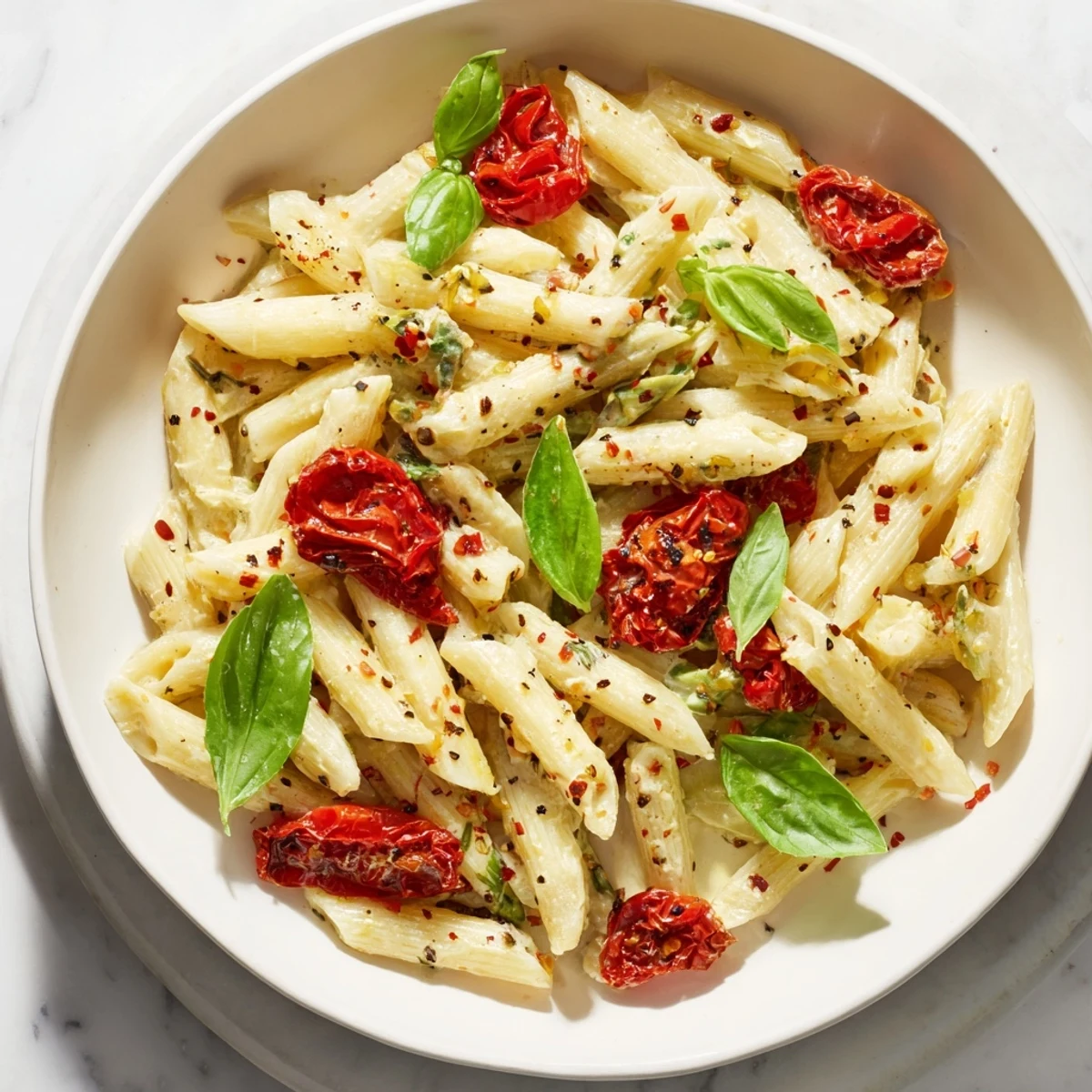 Golden Boursin cheese pasta with roasted cherry tomatoes, garnished with fresh basil, ready to eat.