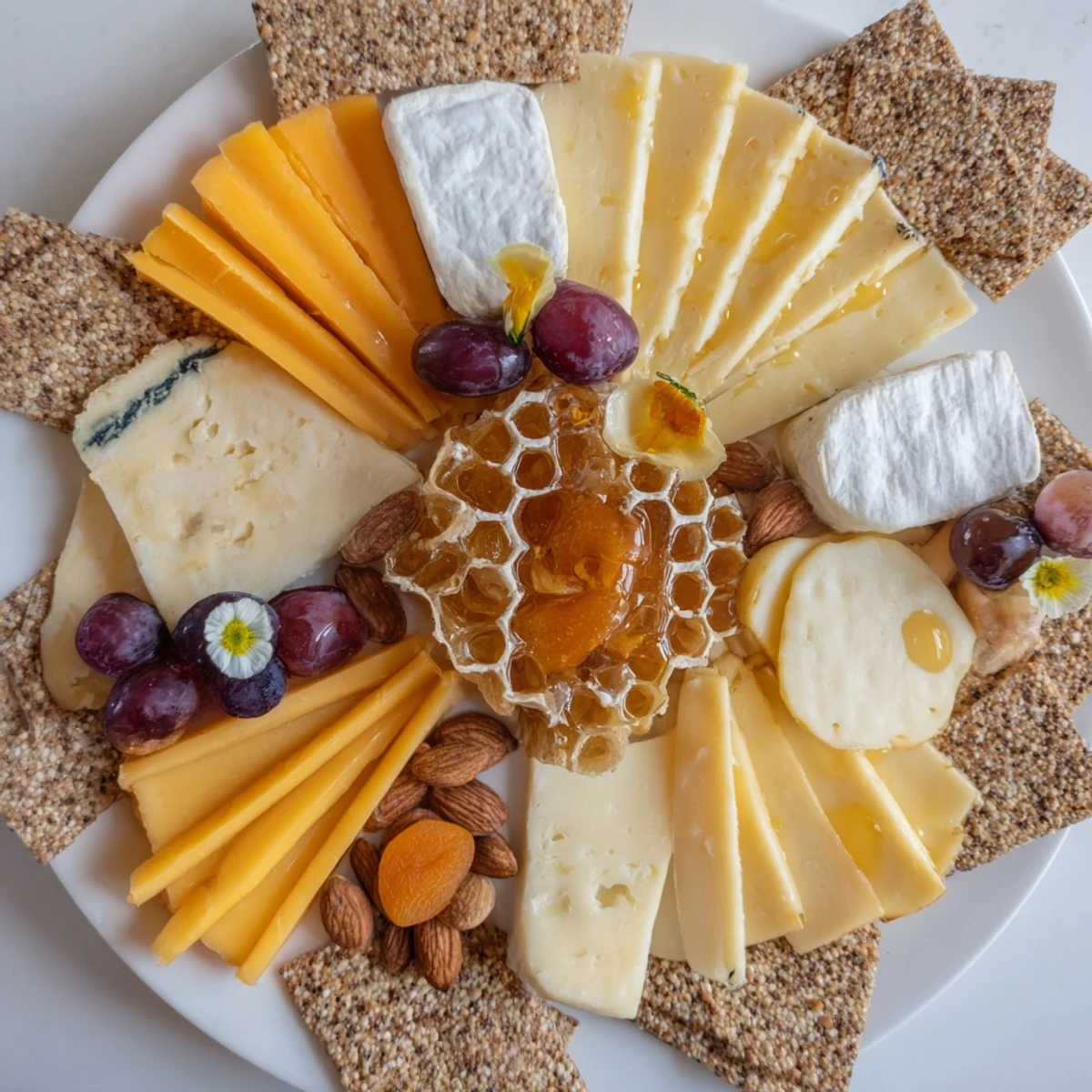 Visualize this Gilded Hive, an elegant cheese board with a radiating arrangement, drizzled with honey, ready to serve.