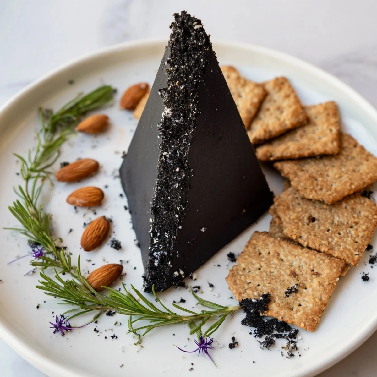 Dramatic presentation of The Obsidian Peak cheese platter contrasts black cheddar and rye crackers for a striking appetizer.
