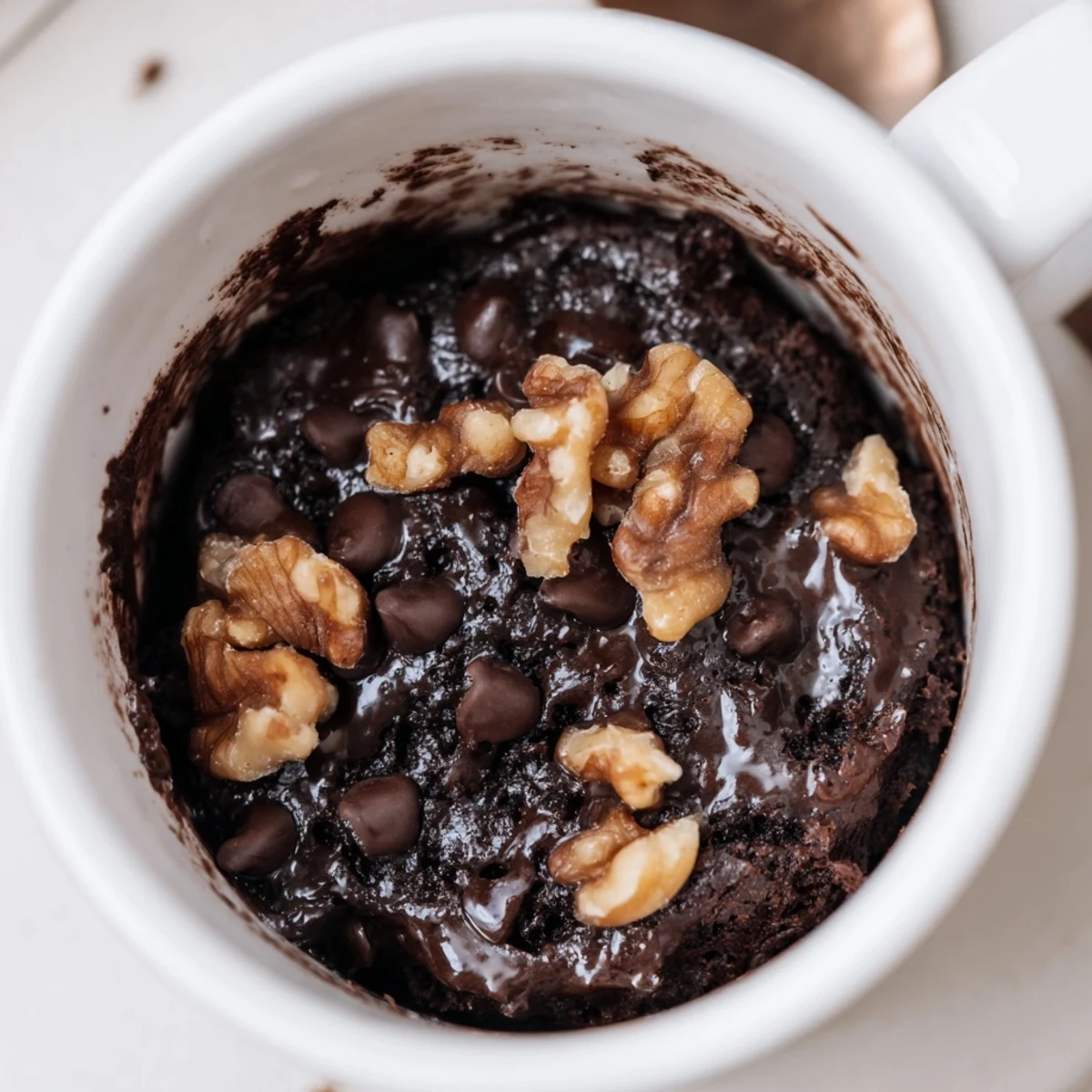 A warm, fudgy Mug Brownie, garnished with chocolate chips, ready for a simple dessert.
