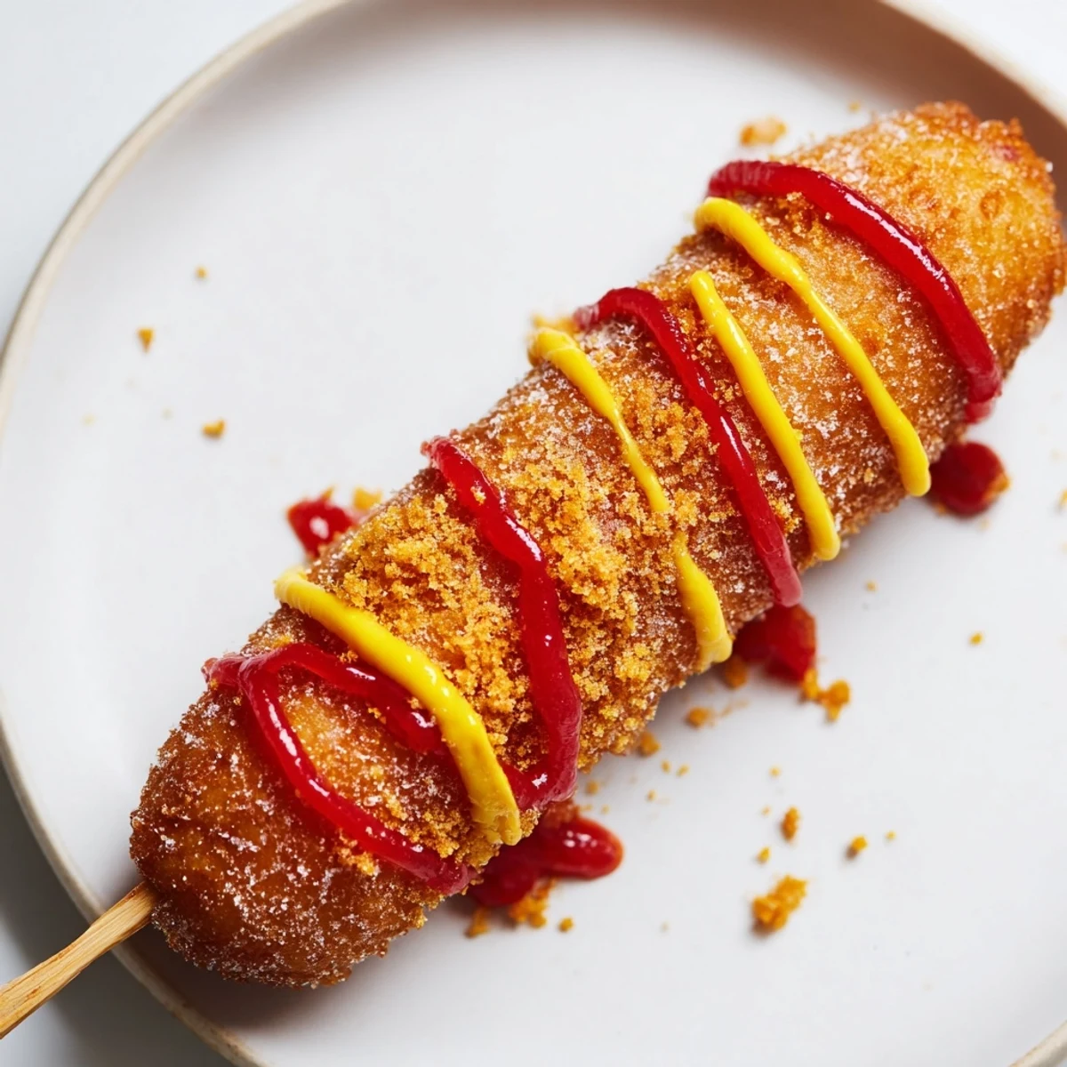 Golden-brown Korean-inspired corn dogs, crispy from a deep fry, ready to be dipped and enjoyed.