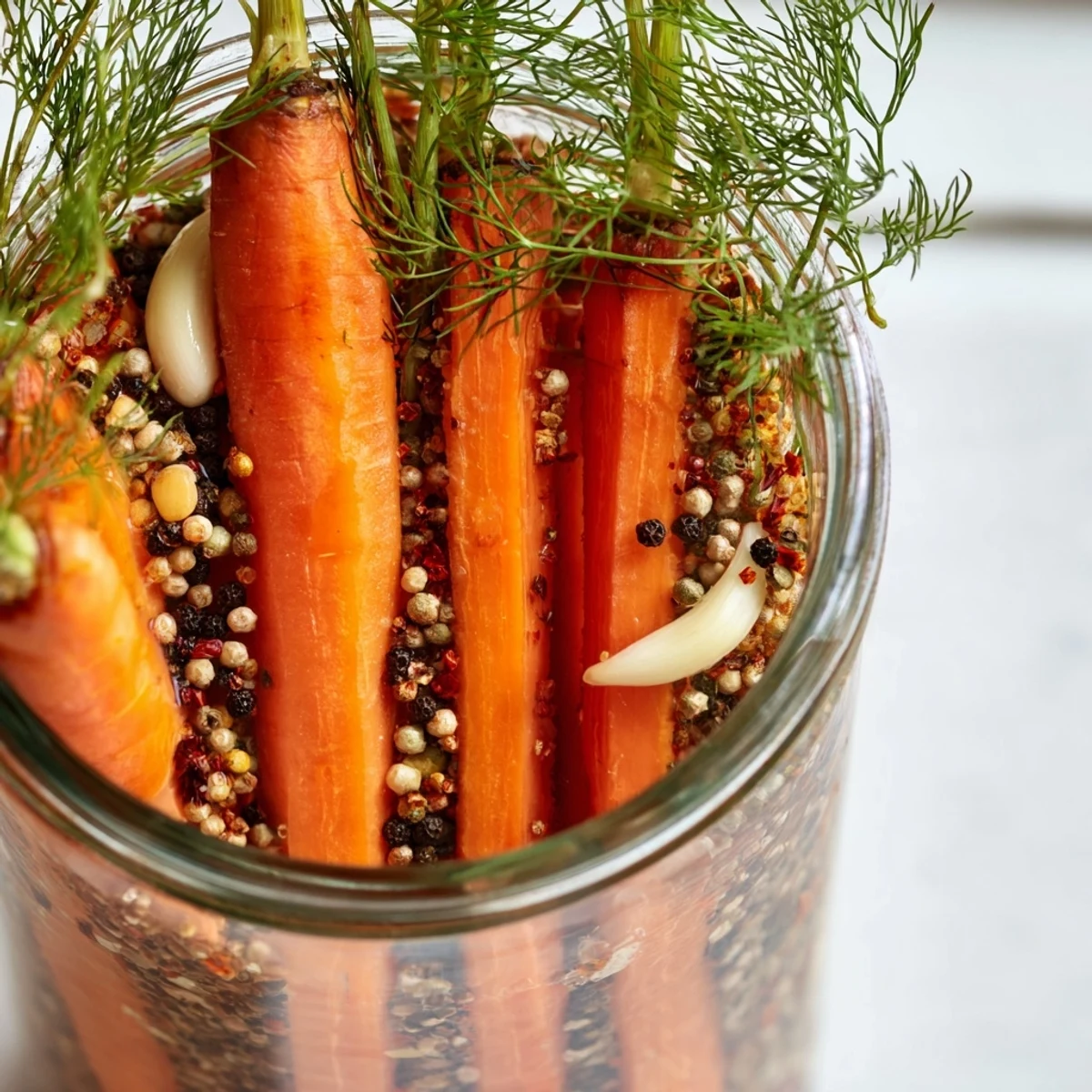 Close-up of Quick Pickled Carrot Spears, glistening in jar with garlic and peppercorns, delicious side.
