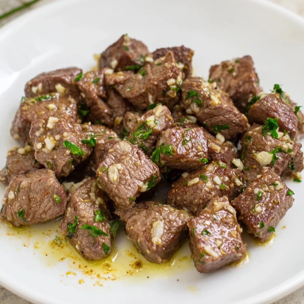 Savory air-fryer garlic-butter steak bites, glistening with sauce, are ready for a delicious meal.