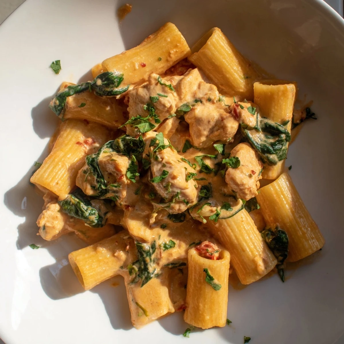 Close-up of Budget-Friendly Marry Me Chicken Pasta with creamy sauce, fresh basil, and perfectly cooked chicken pieces.