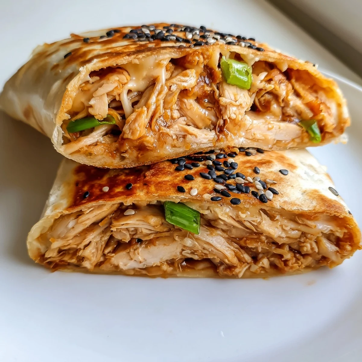 A close-up of a sizzling Korean BBQ Chicken Wrap Grilled Cheese, sesame seeds and scallions visible.