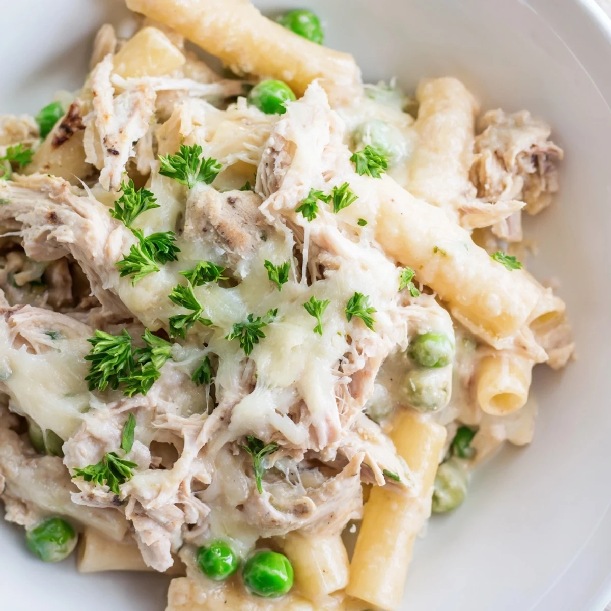 Slow cooker Chicken Alfredo Pasta Bake with creamy sauce, bubbling mozzarella, and tender shredded chicken.
