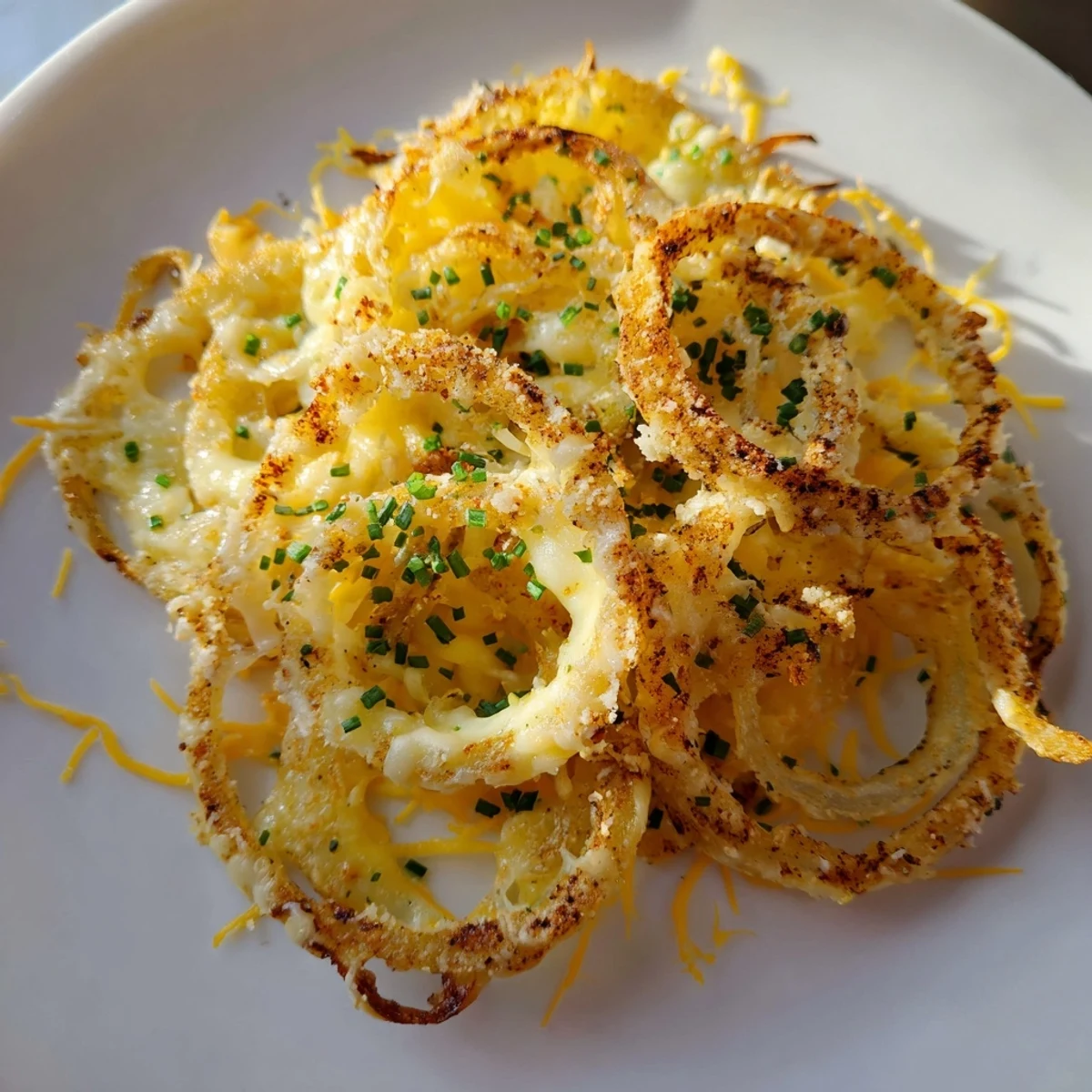Close-up of savory Crispy Onion Cheese Chips, showing melted cheese and crispy onion texture.