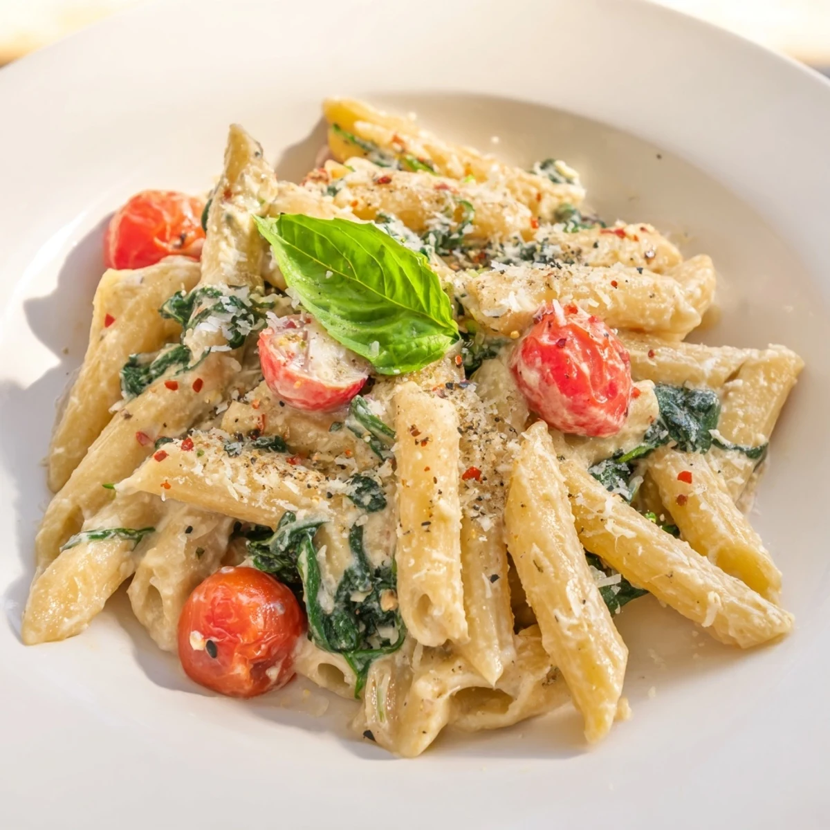 Close-up of the delicious Cottage Cheese High-Protein Creamy Pasta with spinach and tomatoes.