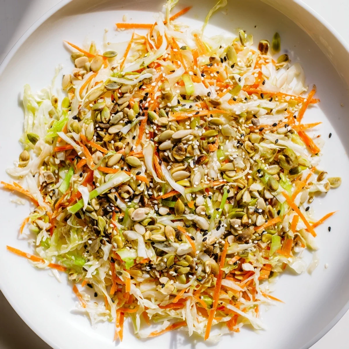 Appetizing Cabbage-Core Slaw Salad, featuring finely shredded cabbage cores with a rich sesame dressing, ready to enjoy.