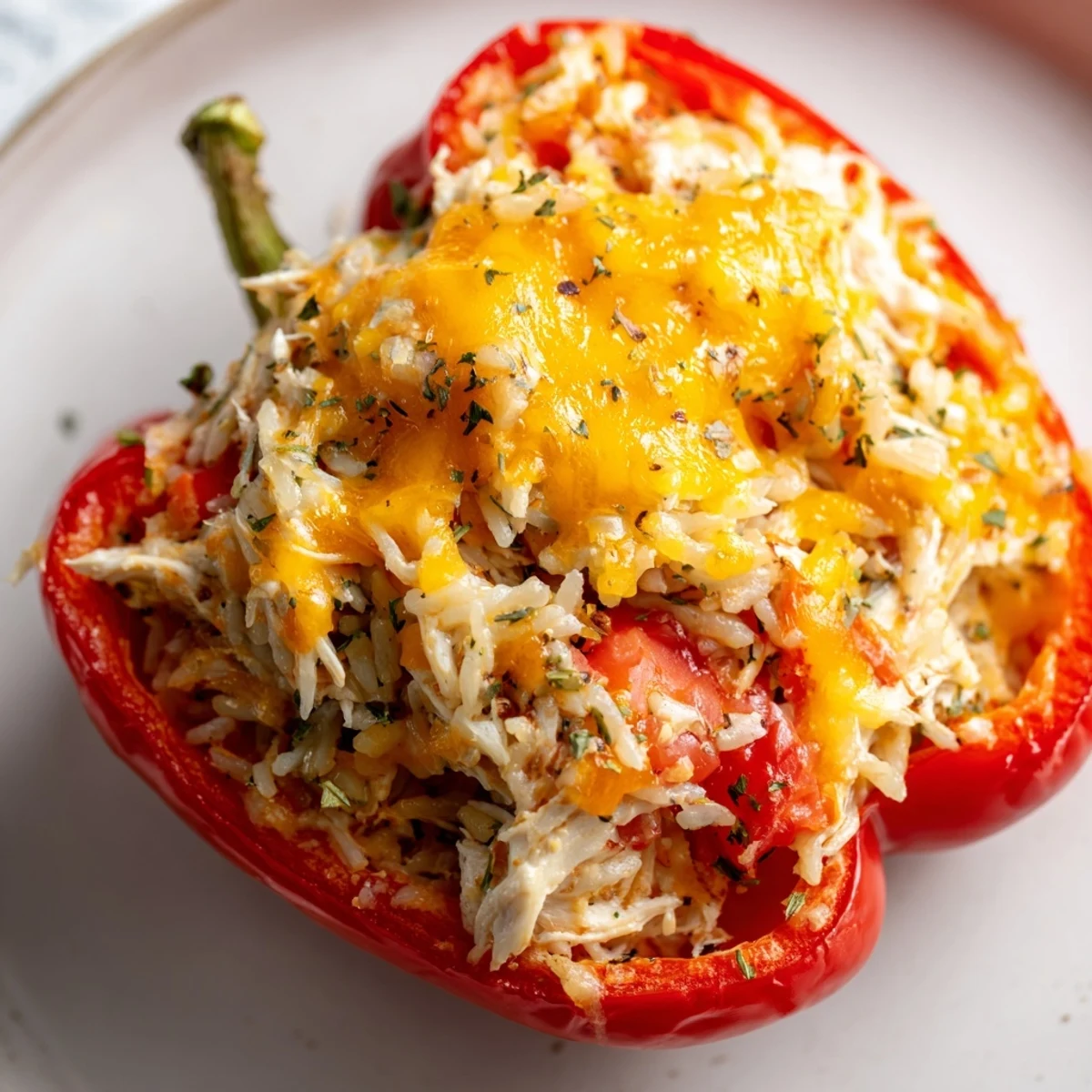 Golden, cheesy Chicken Stuffed Peppers bubbling in a baking dish, a delicious and easy American recipe.