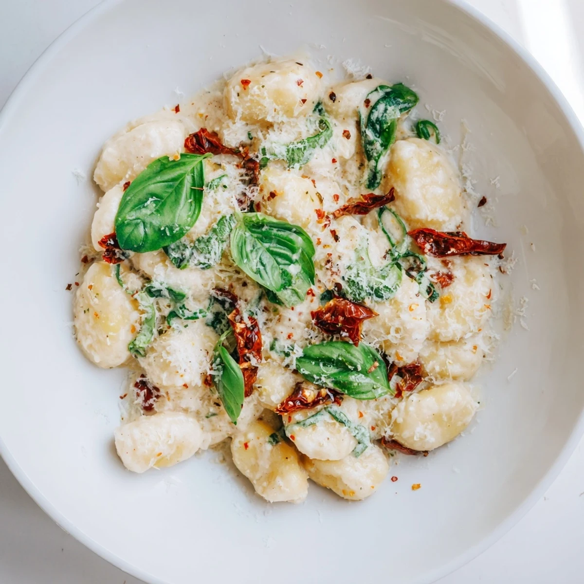 Creamy Tuscan Gnocchi swimming in a rich Parmesan cream sauce with sun-dried tomatoes and spinach.