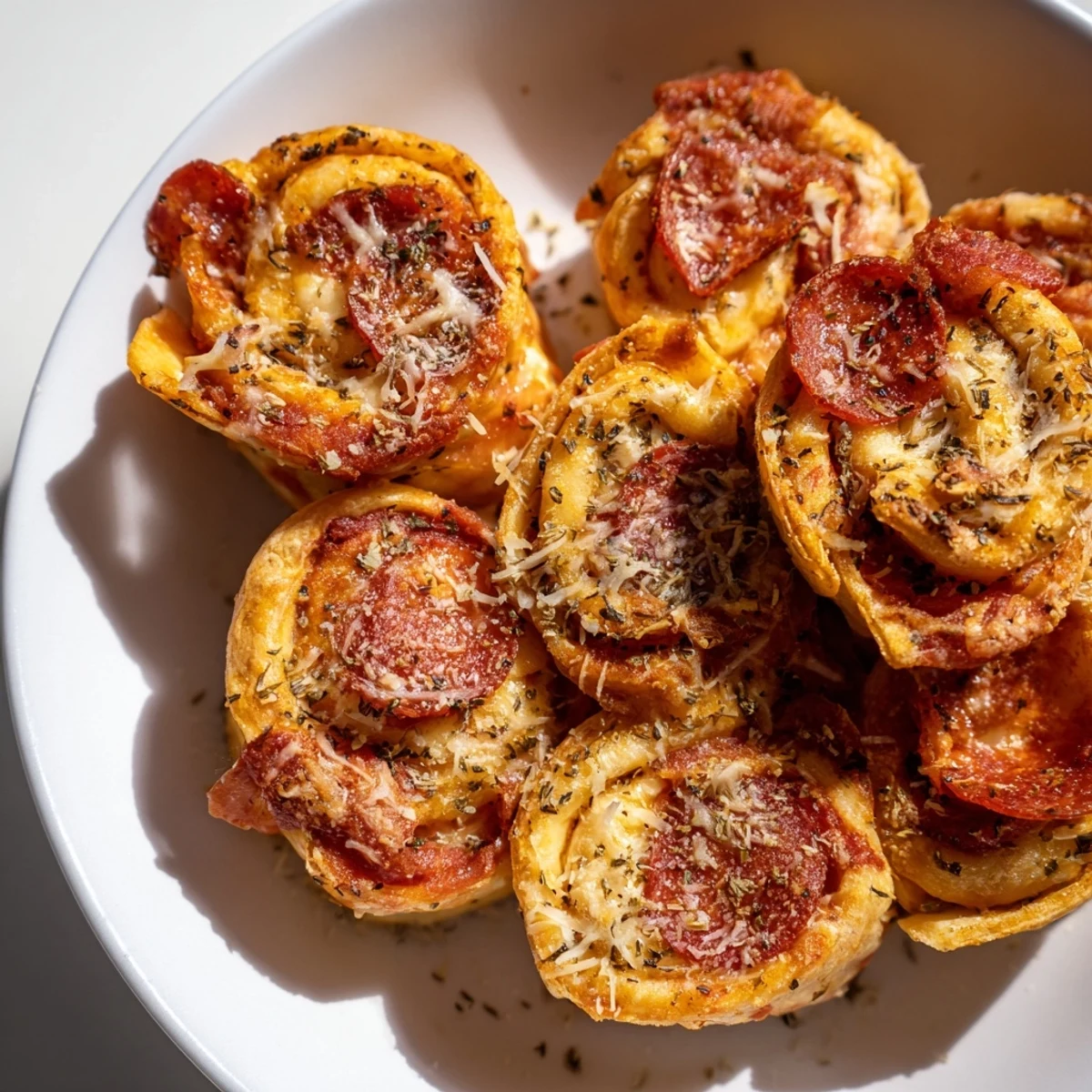 Golden-brown air fryer pizza rolls, bubbling with cheese, ready for dipping into warm pizza sauce.