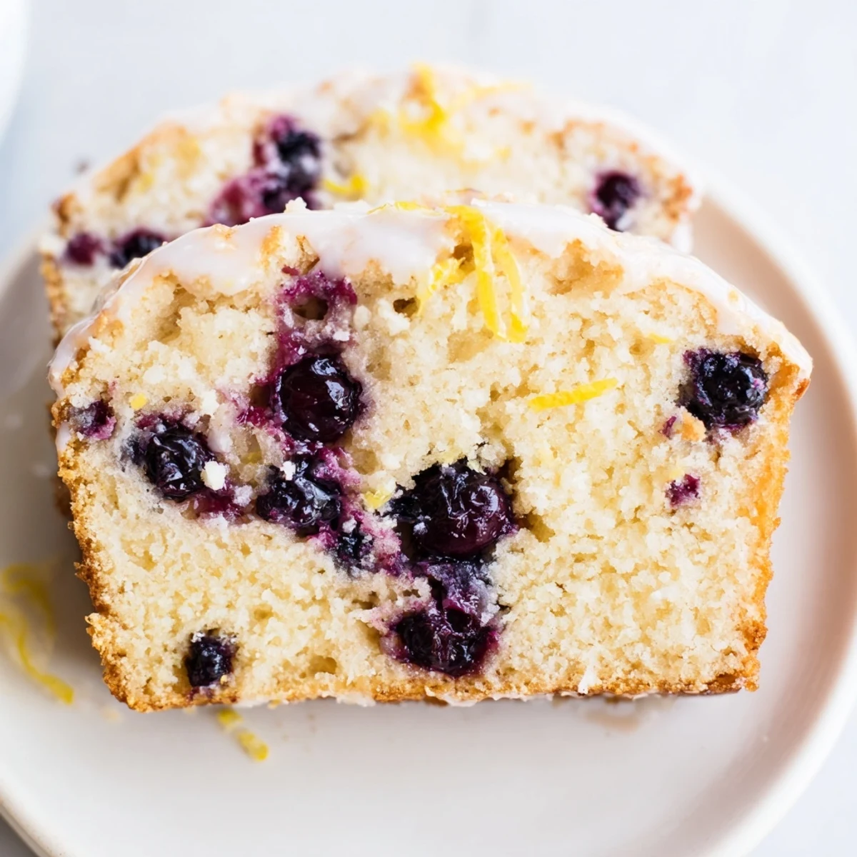 A slice of Lemon Blueberry Yogurt Loaf showcasing juicy blueberries and bright glaze.