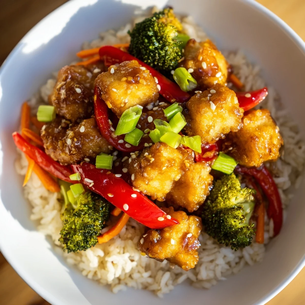 Golden-brown crispy tofu and vibrant vegetables in a luscious honey garlic sauce atop rice bowls.