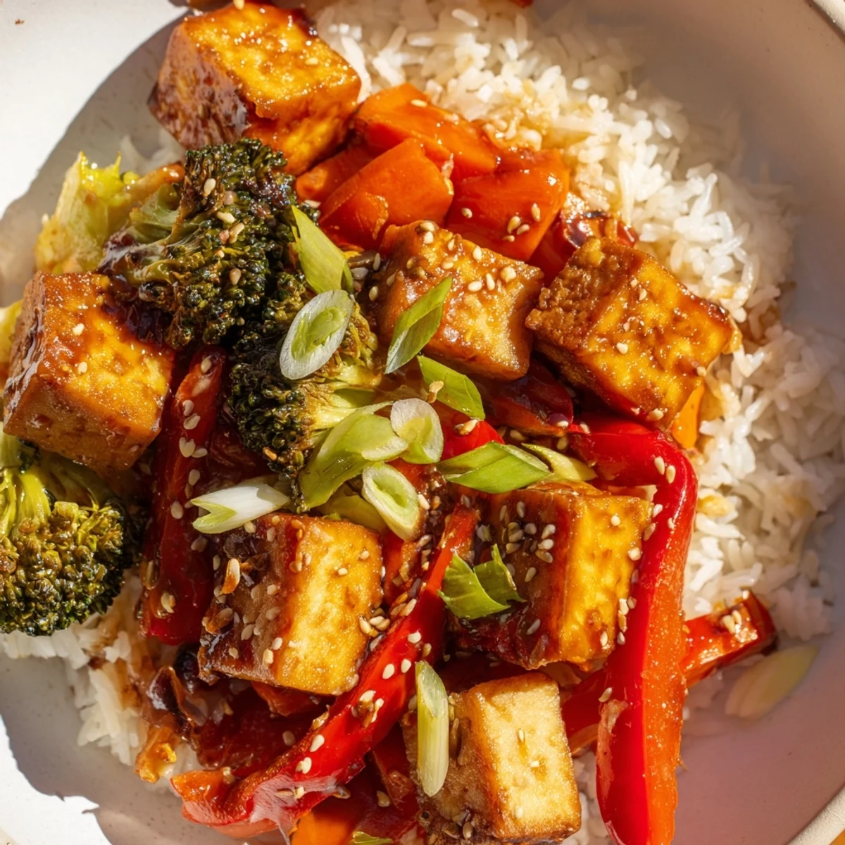 A close-up of a steaming Honey Garlic Tofu Bowl, showcasing the sticky sauce and fluffy rice.
