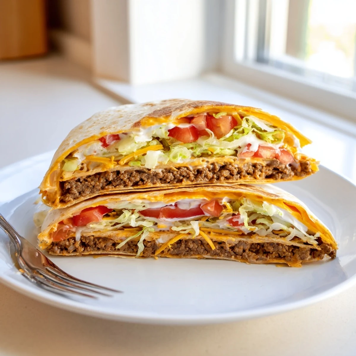 A beautifully golden, grilled Taco Bell Crunchwrap Supreme revealing layers of savory fillings, ready to eat.
