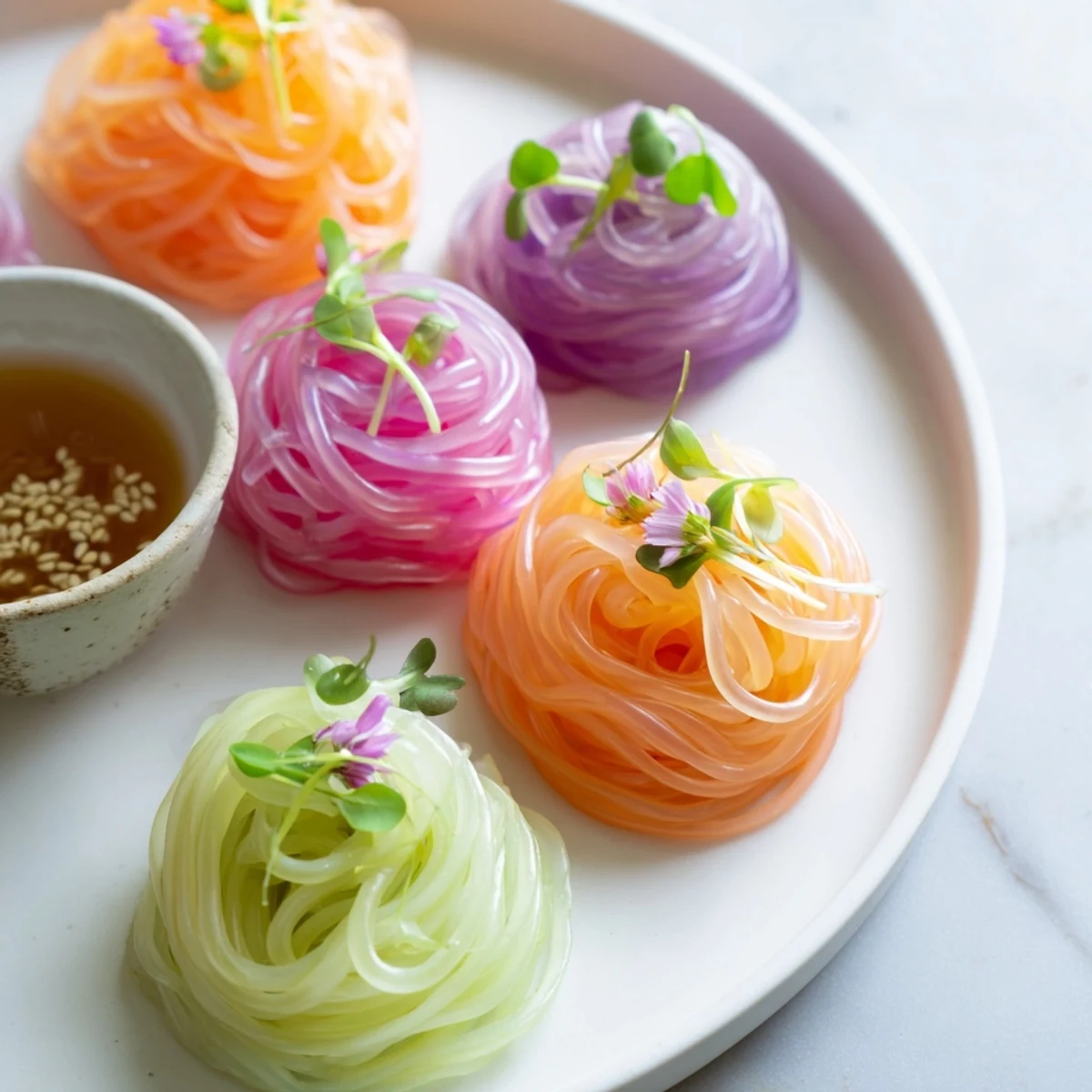 Vibrant dish of Neon Noodle Clouds, shimmering against a dark bowl, ready for dipping.