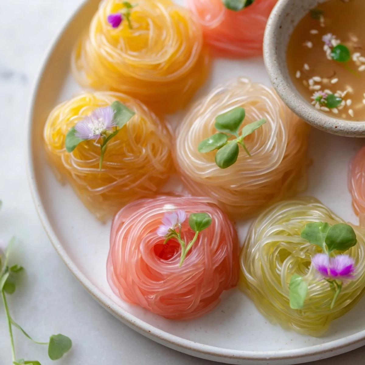 Appetizing close-up of colorful Neon Noodle Clouds alongside a savory dipping sauce and green garnish.