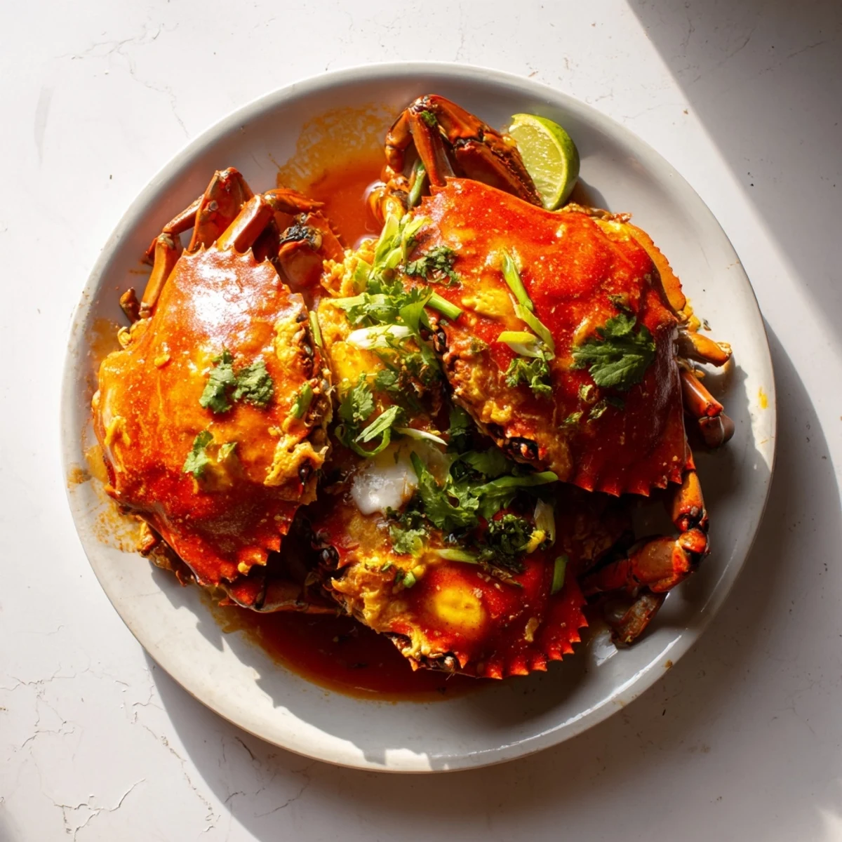 Close-up of succulent Singaporean Chili Crab with its vibrant red, spicy chili sauce, garnished with fresh cilantro.