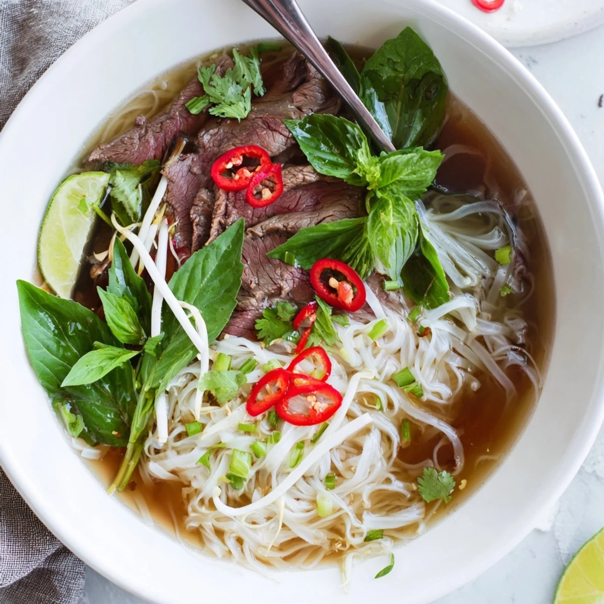 Steaming hot Vietnamese Pho express, filled with tender beef, rice noodles, and fresh, fragrant herbs.