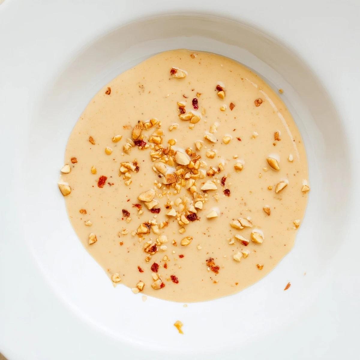 Creamy Indonesian satay sauce, ready to be drizzled, smells of peanuts and lime, a perfect dip.