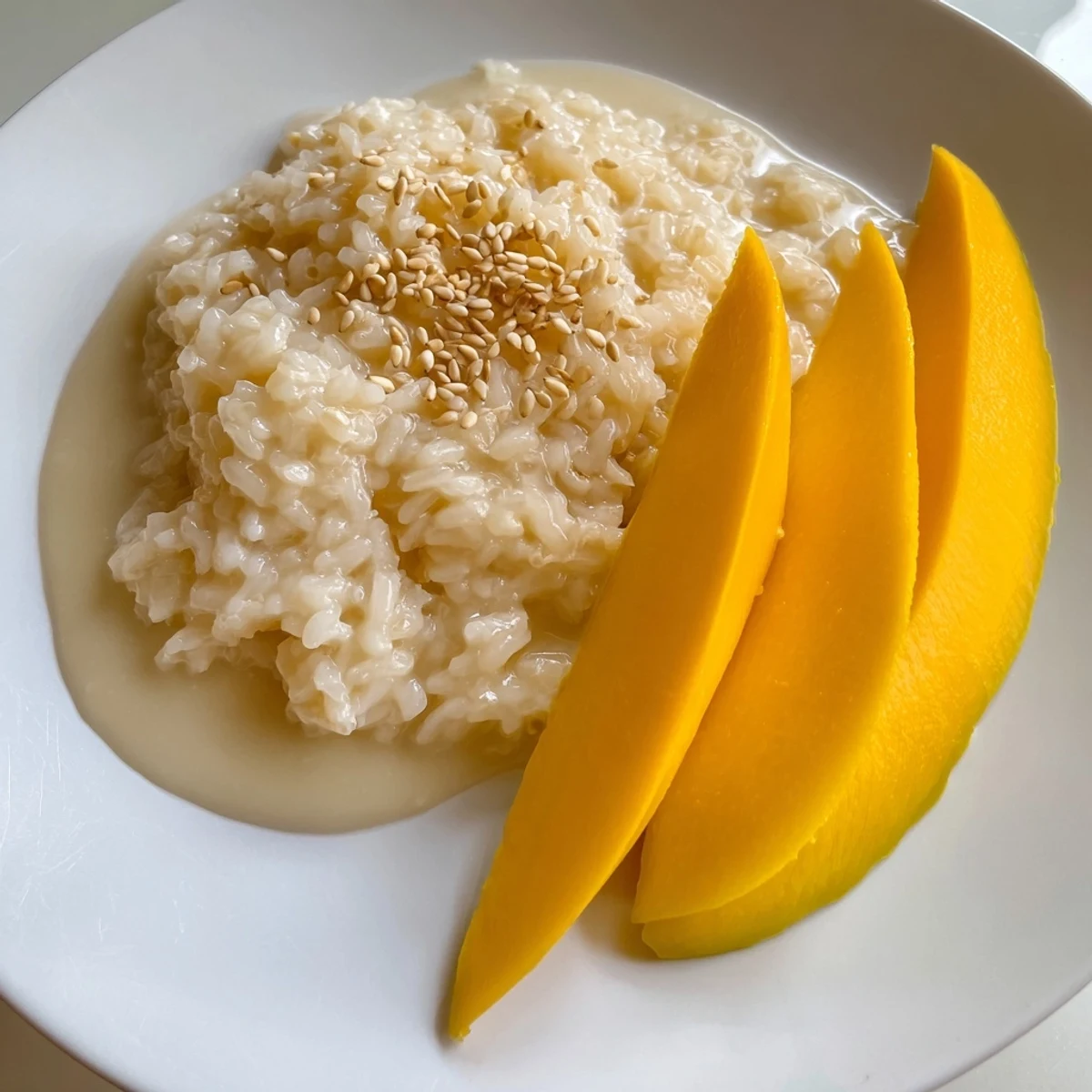 A close-up of beautifully plated Thai Mango Sticky Rice, drizzled with coconut sauce and sesame seeds.