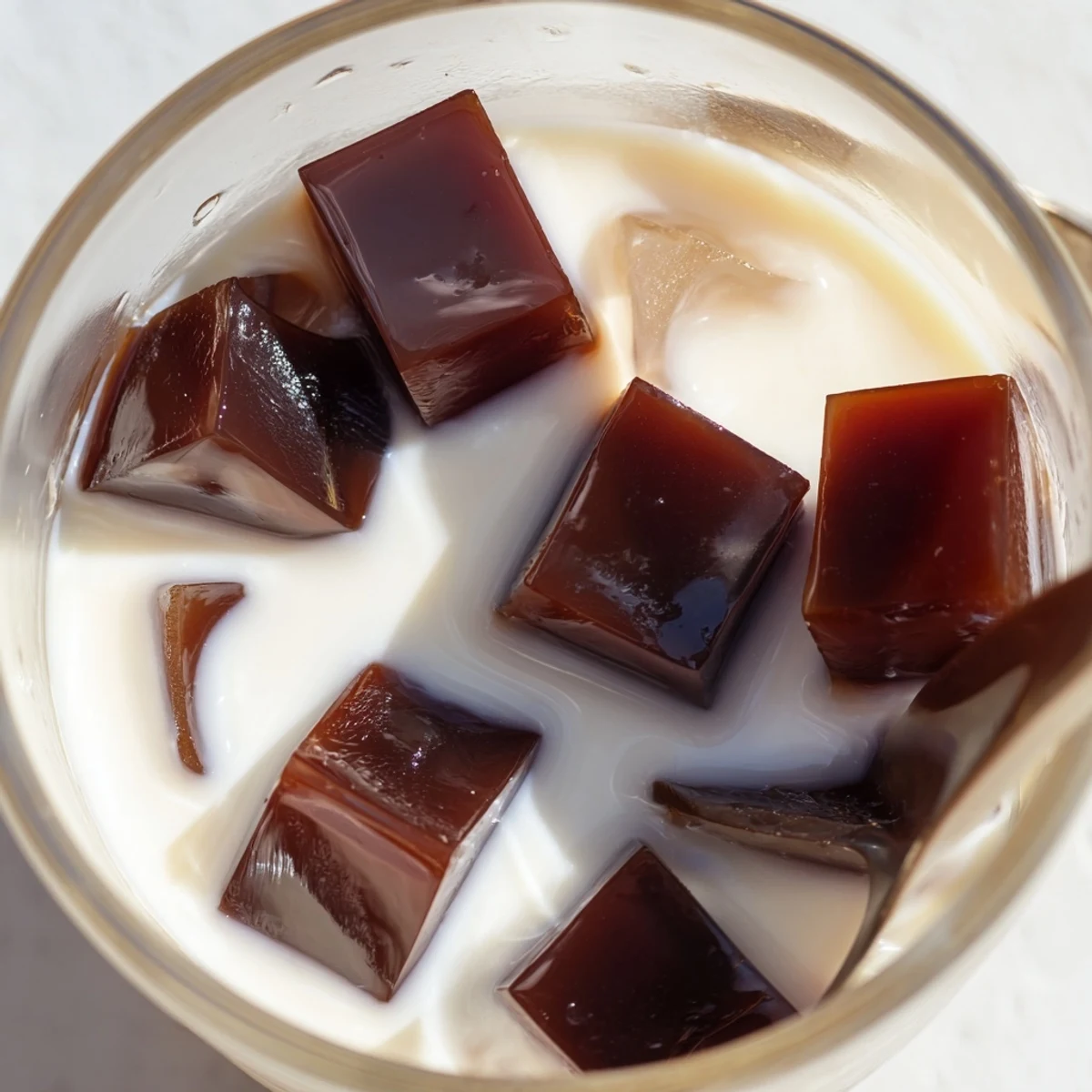 Chilled coffee jelly cubes suspended in a creamy milk blend, creating a refreshing iced coffee drink.  
