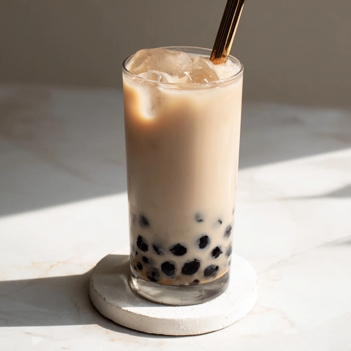 Creamy instant boba tea with sweetened condensed milk served over ice and chewy tapioca pearls.