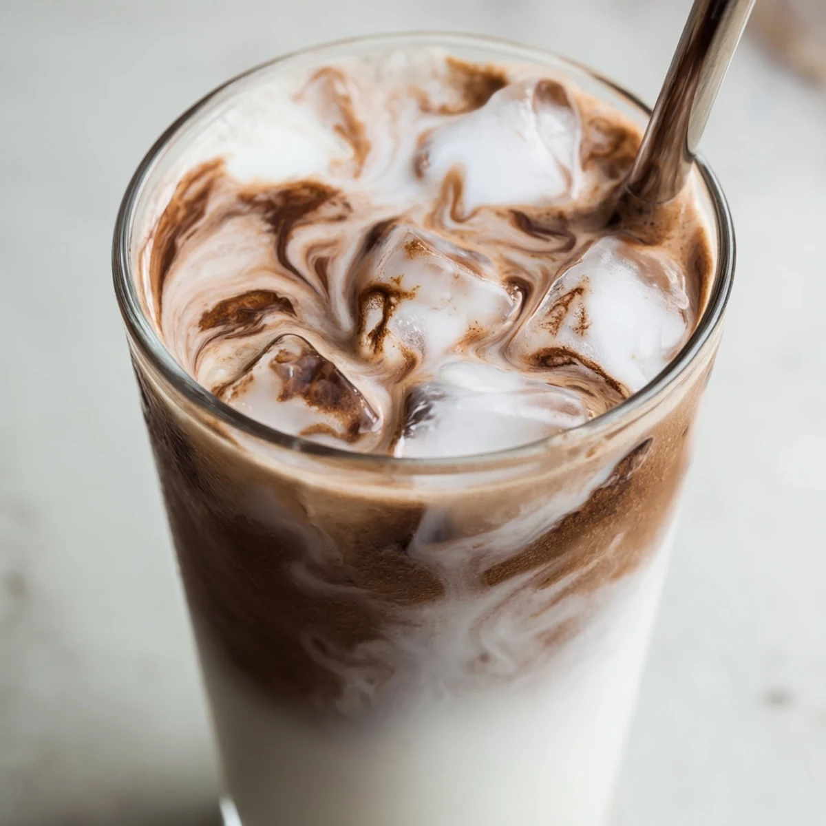 A tall glass of homemade Milo Ice Latte Hack with ice cubes and a straw, showcasing its creamy chocolatey layers.