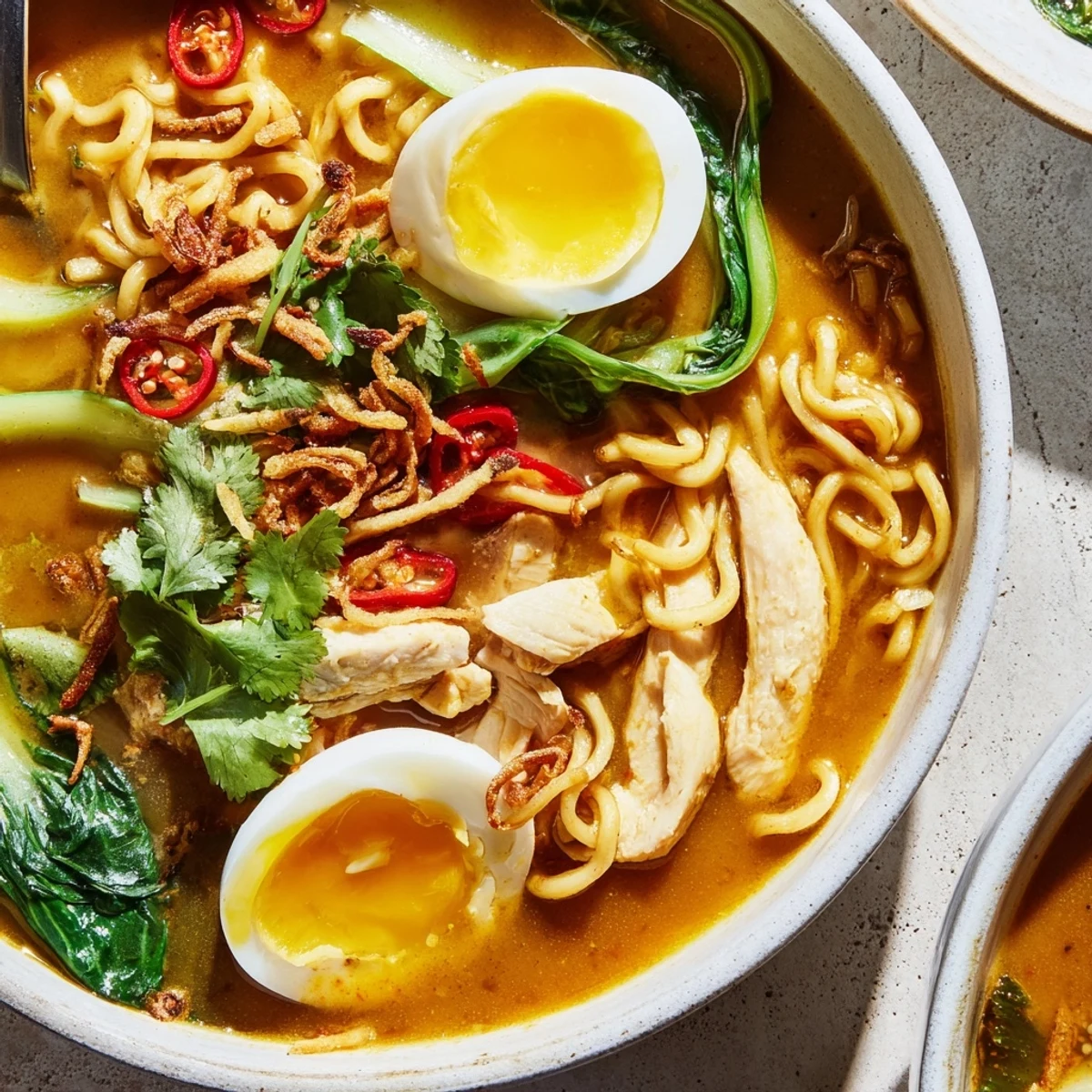 A steaming Thai Miso Ramen Bowl garnished with soft-boiled egg halves, crispy shallots, sliced scallions, and fresh cilantro on a dark rustic table.