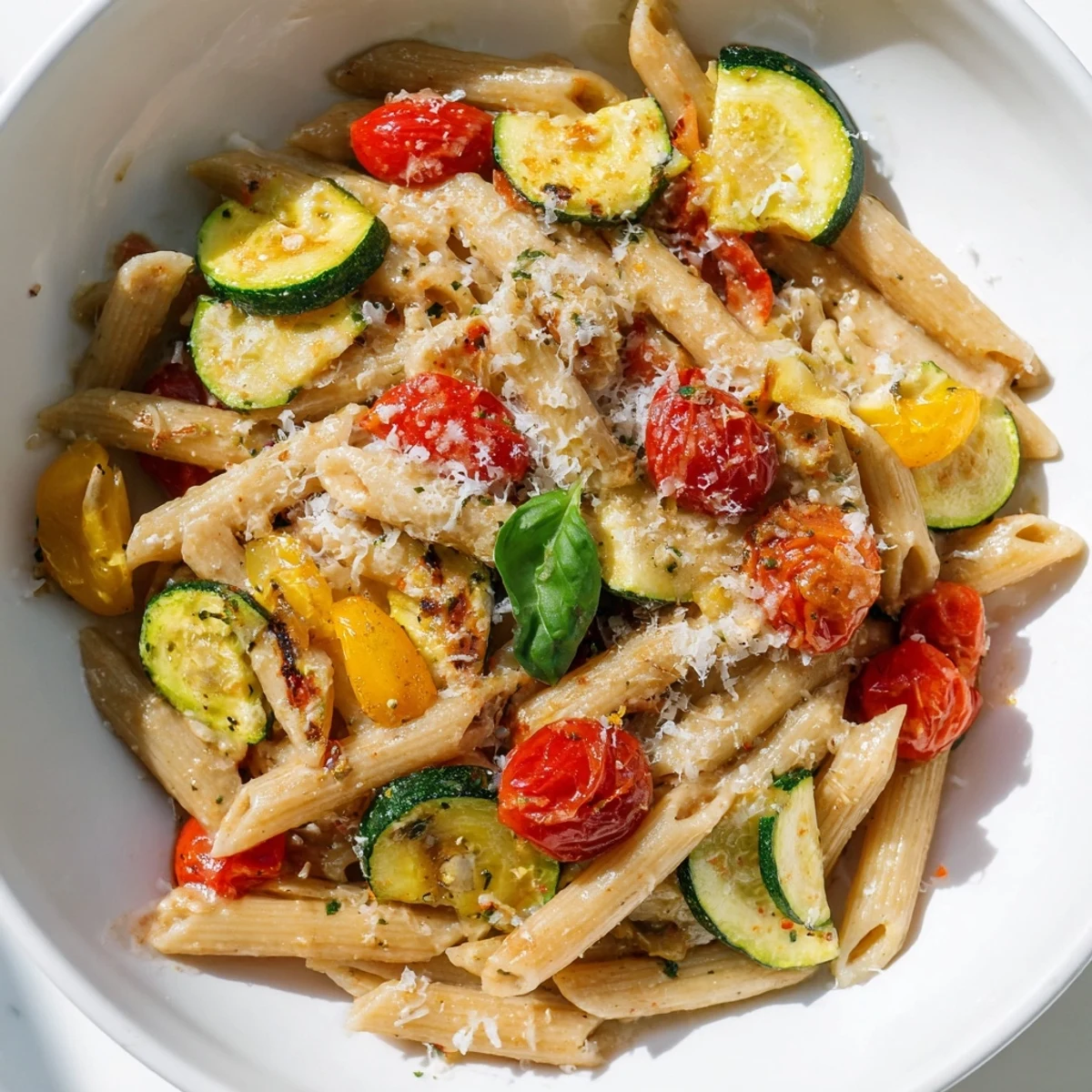 Garden Veggie Pasta features al dente penne, sautéed zucchini, and blistered cherry tomatoes in a glossy olive oil sauce, finished with fresh basil and lemon zest.