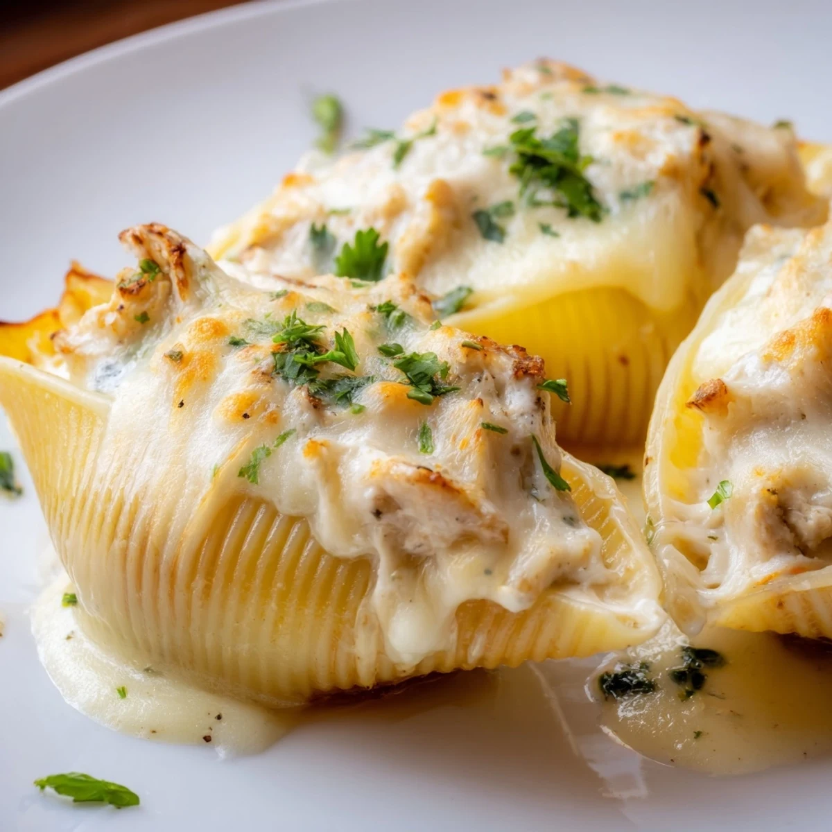 Close-up of Chicken Alfredo Stuffed Shells on a white plate, garnished with fresh parsley and served alongside garlic bread.  