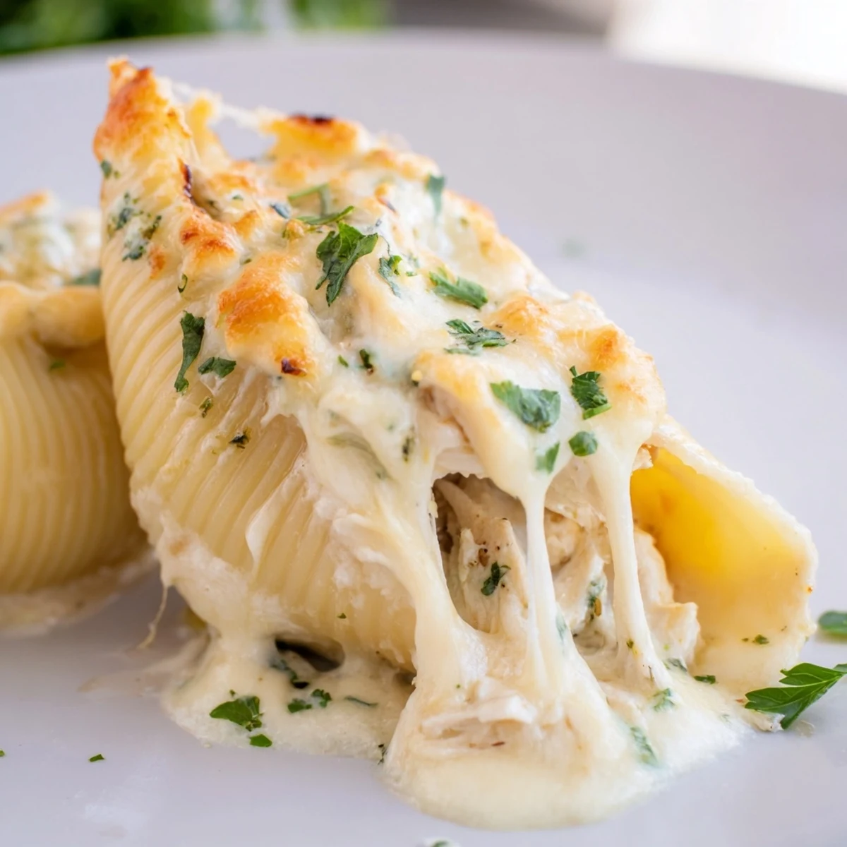 Jumbo pasta shells filled with creamy chicken Alfredo mixture, topped with mozzarella and Parmesan cheese in a baking dish.