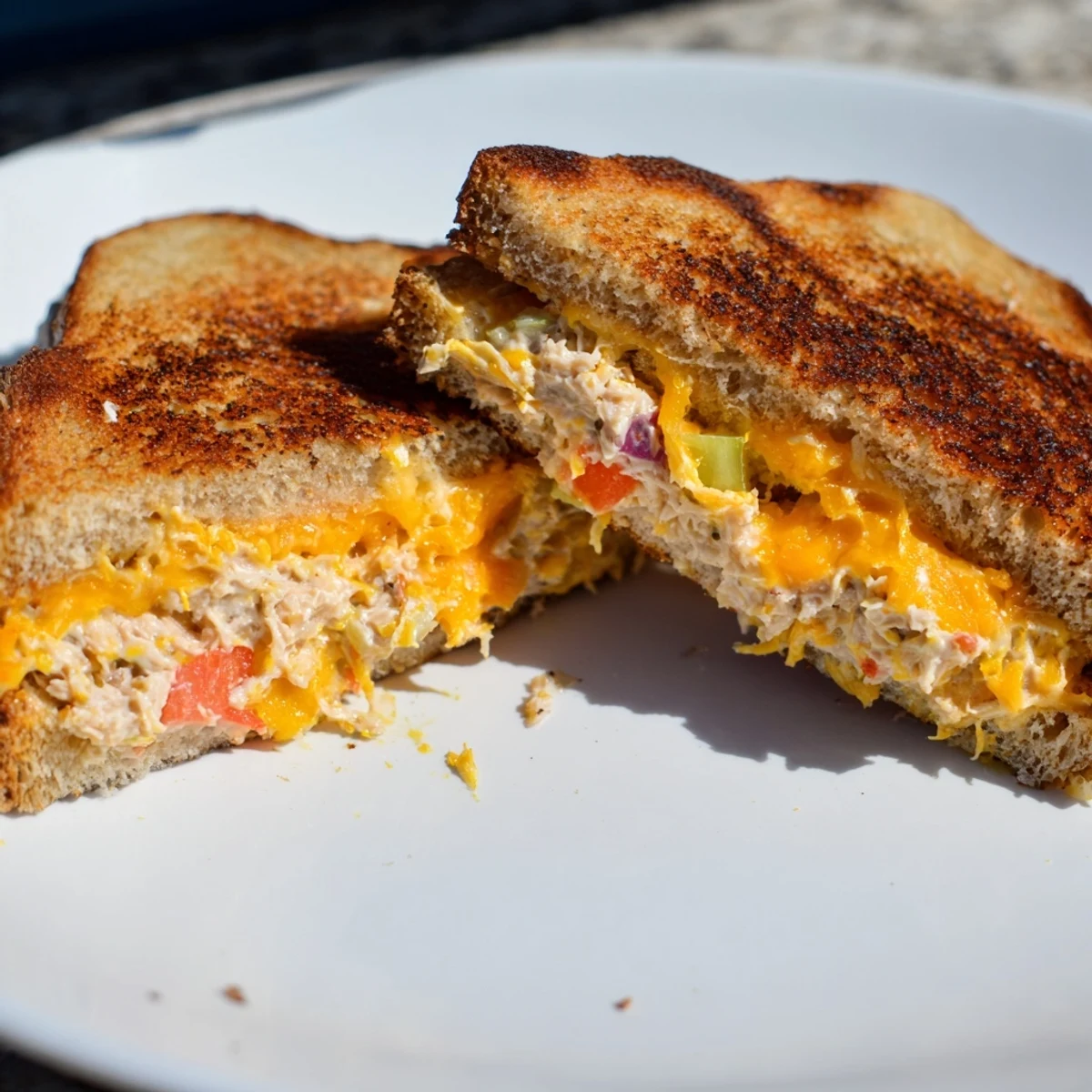 Golden-brown Spicy Tuna Melt sandwiches on sourdough, oozing melted cheddar and spicy tuna salad, served on a rustic plate.