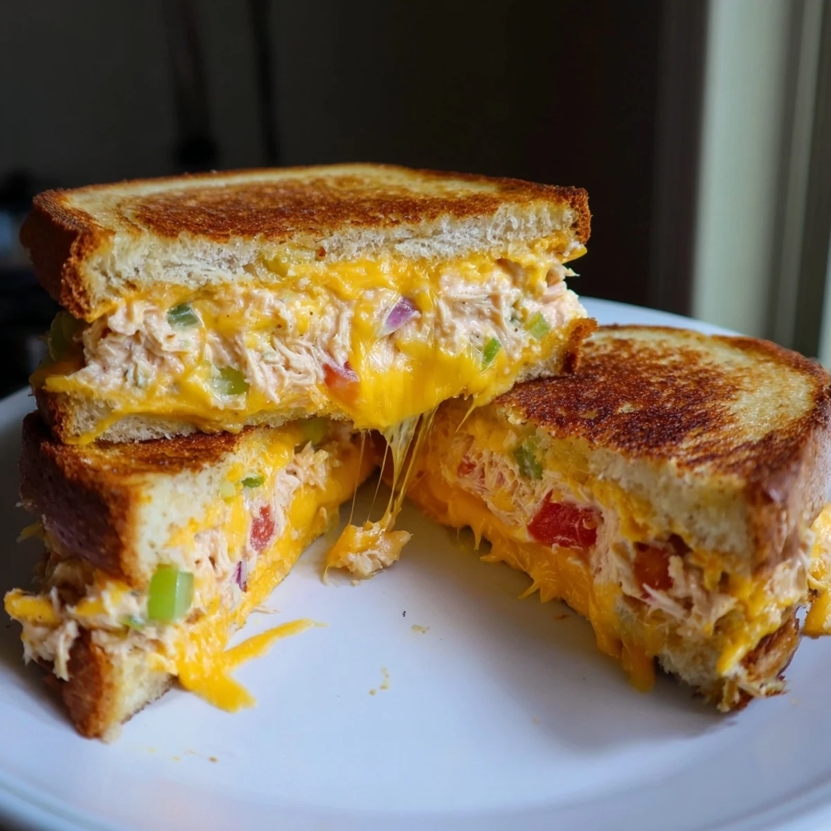 Homemade Spicy Tuna Melt on toasted sourdough bread, garnished with fresh parsley and a side of crisp pickles.
