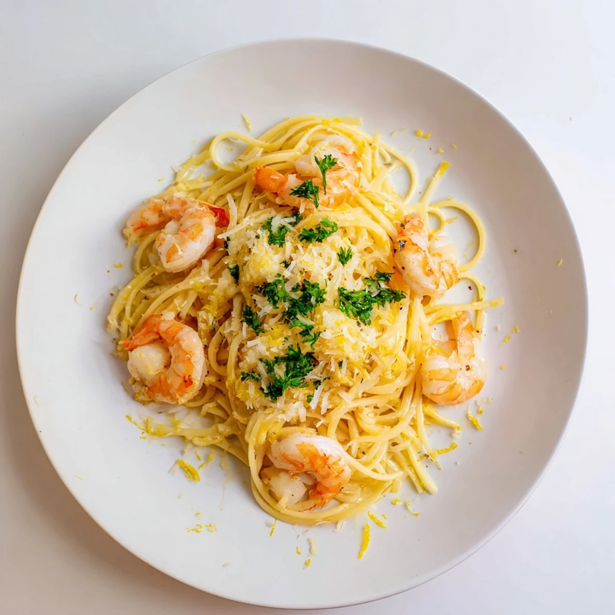 Close-up of Lemon Garlic Shrimp Pasta with plump shrimp, al dente spaghetti, and a glossy lemon-butter sauce.