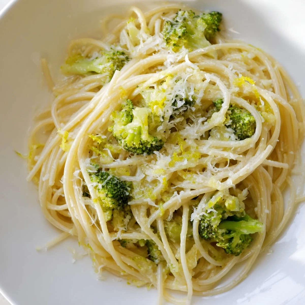 A vibrant, one-pot lemon broccoli pasta features tender green florets coated in silky garlic sauce, served in a rustic bowl.