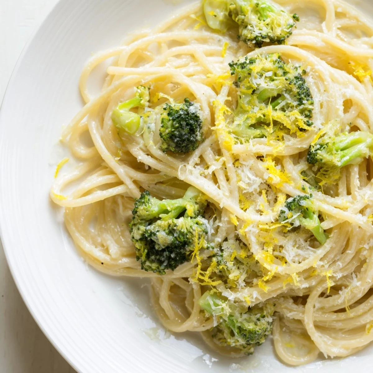 Close-up of one-pot lemon broccoli pasta with shaved Parmesan and red pepper flakes, fork-ready for an easy weeknight meal.