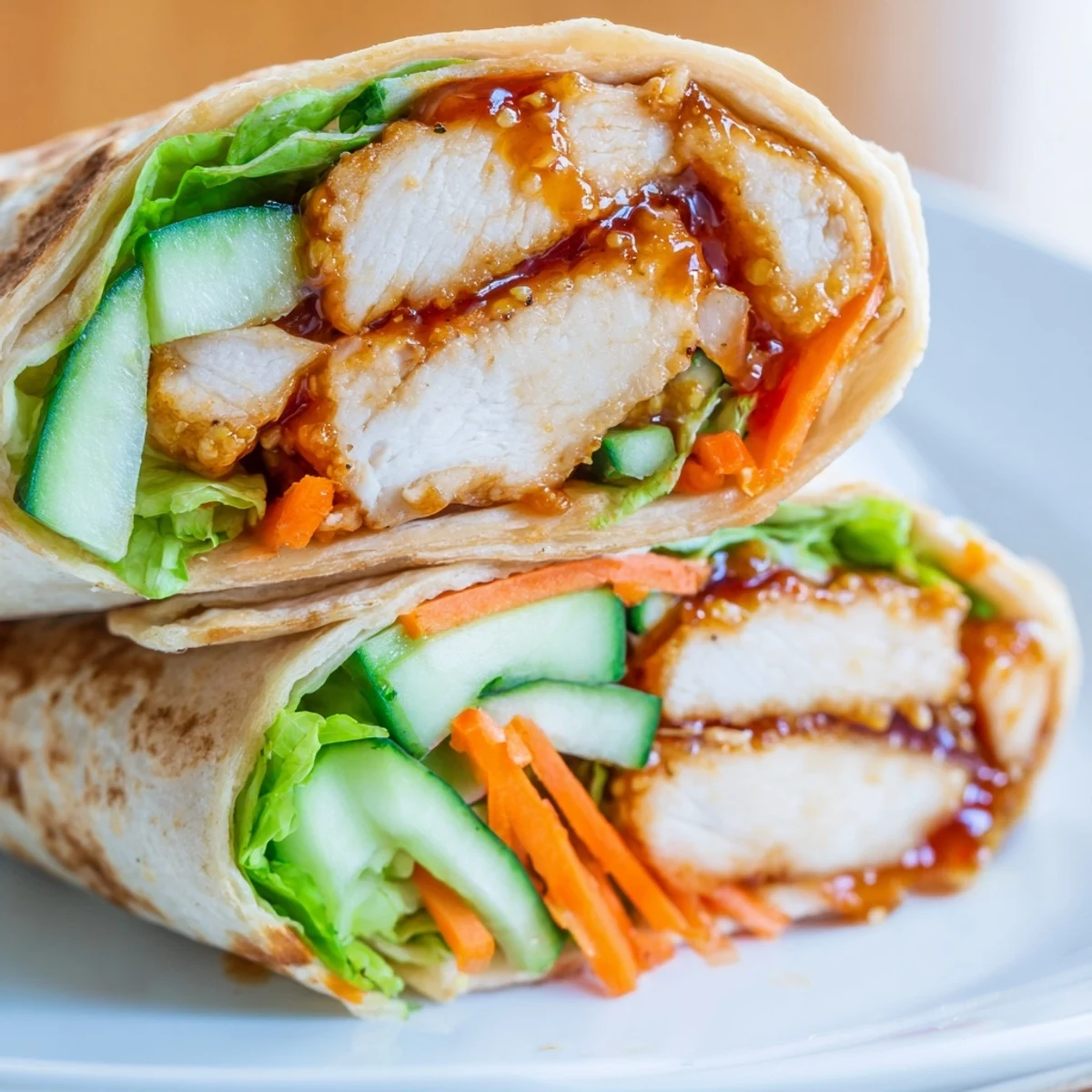 Golden-brown honey chili crunch chicken wraps piled on a rustic board, sliced to reveal crisp lettuce, cucumber, and carrots inside the soft tortilla.  