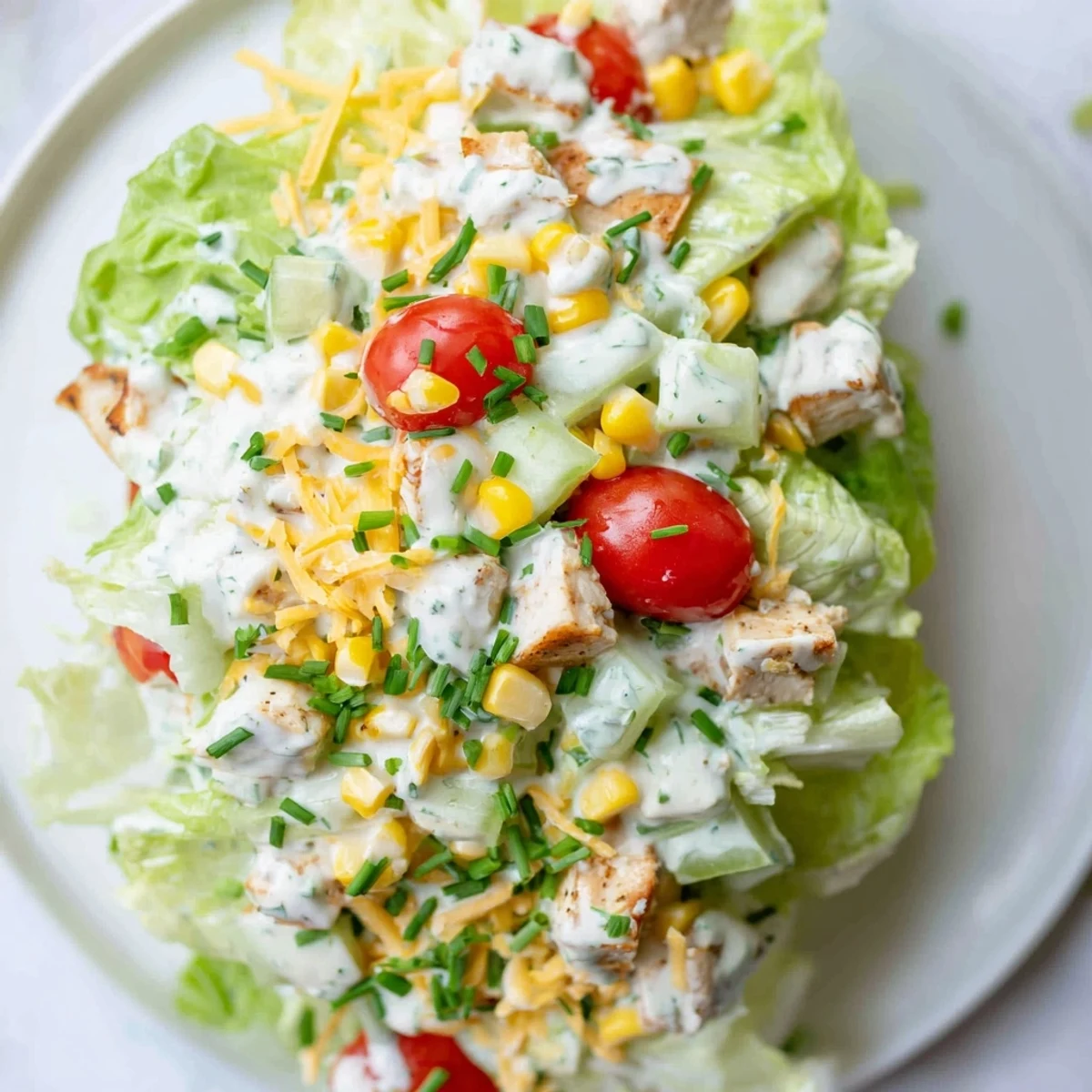 A close-up of a colorful Ranch Chicken Chopped Salad in a white bowl, with crisp romaine, juicy cherry tomatoes, sweet corn, and diced chicken all coated in creamy ranch dressing.