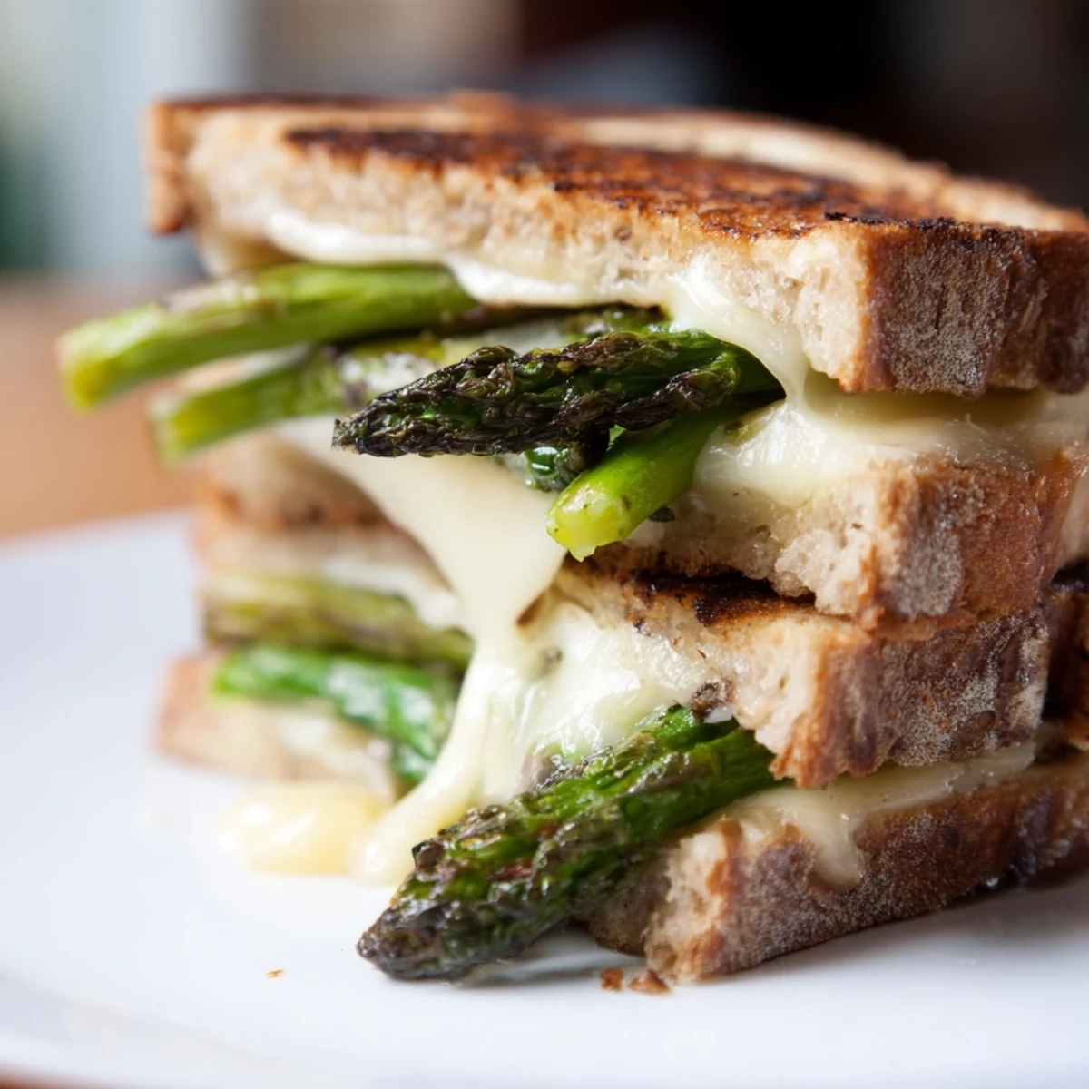 Golden-brown sourdough sandwiches stuffed with tender grilled asparagus and melting Brie cheese, served on a rustic wooden cutting board.