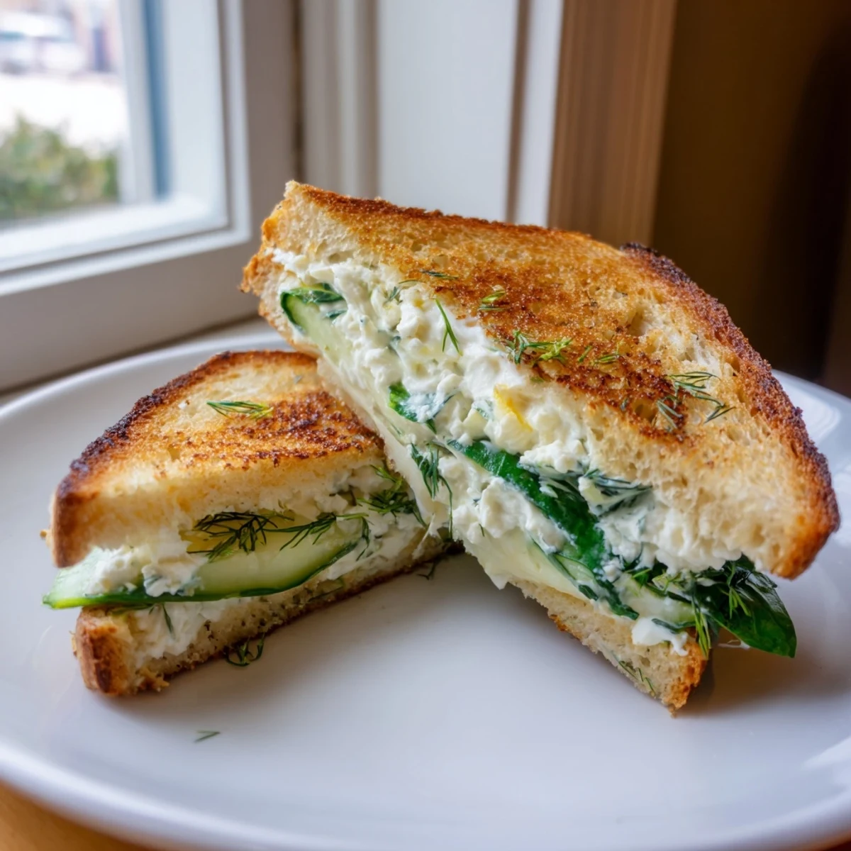 Golden-brown grilled cheese with whipped feta spring, oozing creamy and tangy filling between crispy sourdough slices.