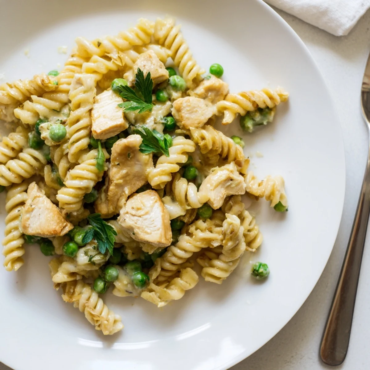 Tender garlic butter chicken and pea pasta served hot in a white bowl, garnished with fresh parsley and lemon zest.