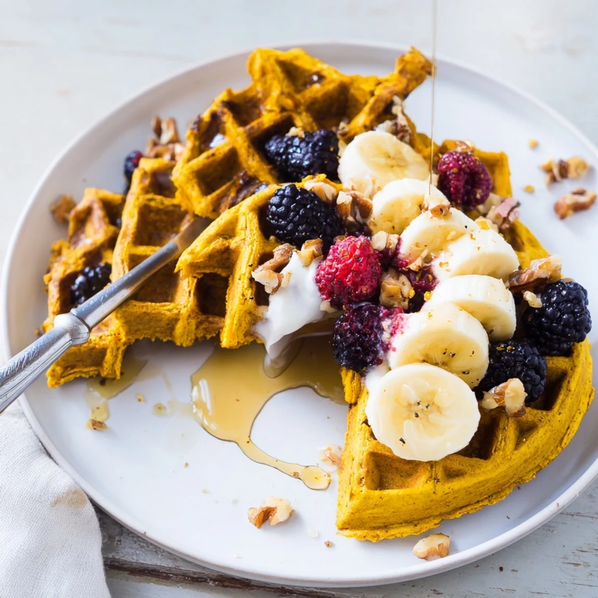 Stack of warm Anti-Inflammatory Adaptogenic Turmeric Waffles topped with creamy yogurt and sliced banana.  