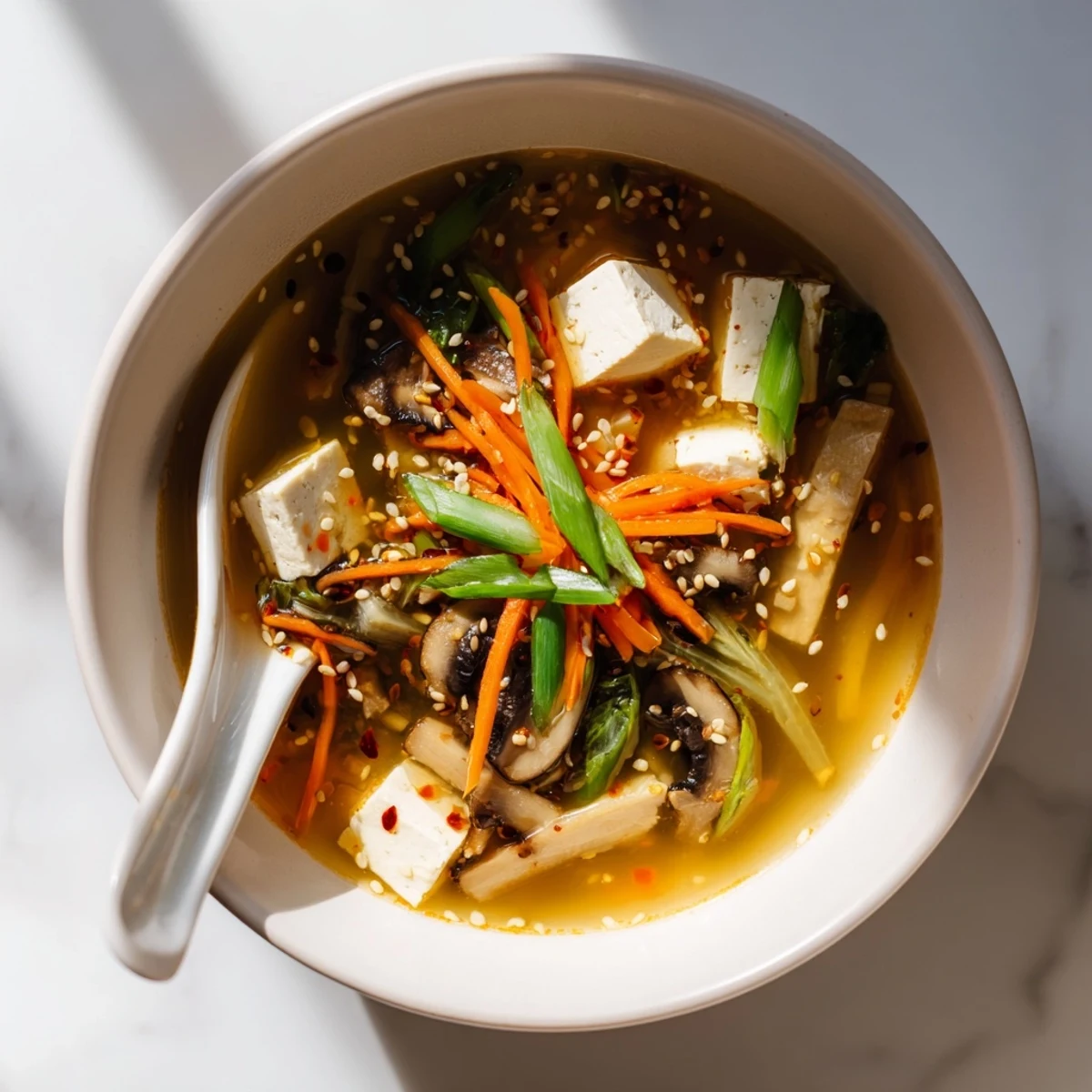 A steaming bowl of Ginger-Miso Winter Soup, featuring tender shiitake mushrooms and vibrant carrots swimming in a golden broth.