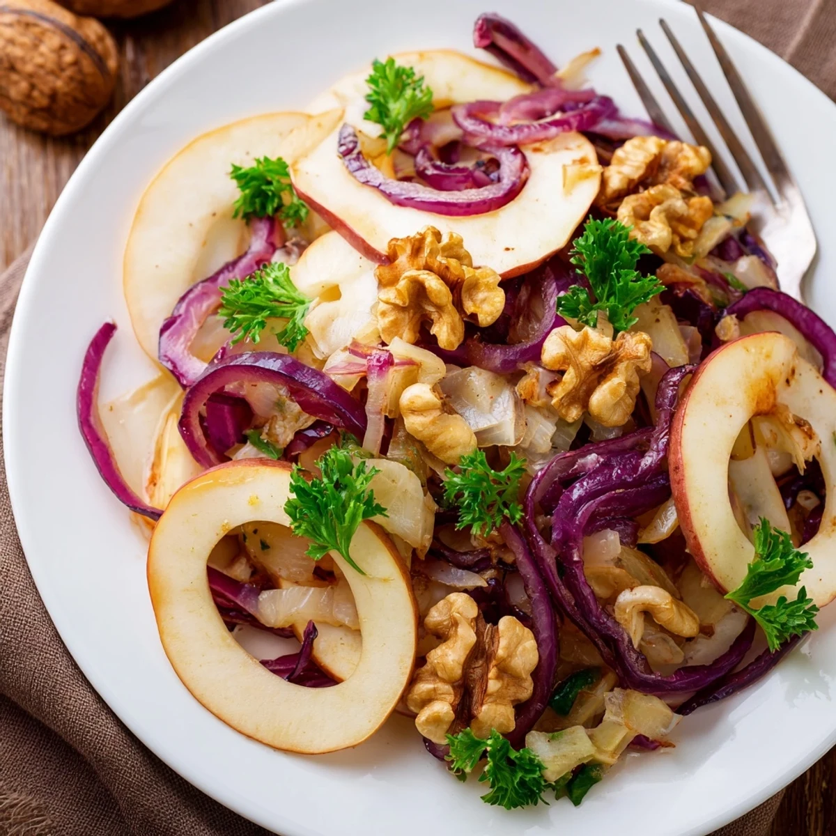 Warm apple and sauerkraut skillet salad served in a bowl with toasted pecans, ready to enjoy as a comforting, gut-healthy side dish.
